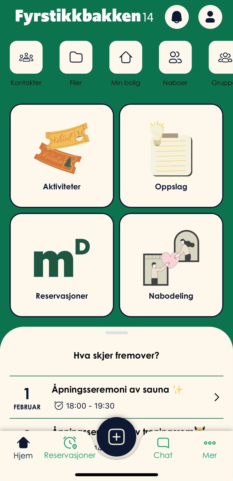 Fyrstikkbakken 14-appen (Heime) brukes av de som bor der for annonsere aktiviteter, oppslagstavle, reservering av Delemeter og deling med naboer. Galleribilde