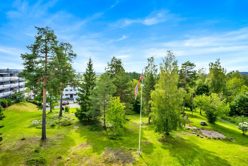 Sommerbilde av borettslagets frodige fellesområder fra et tidligere salg Galleribilde