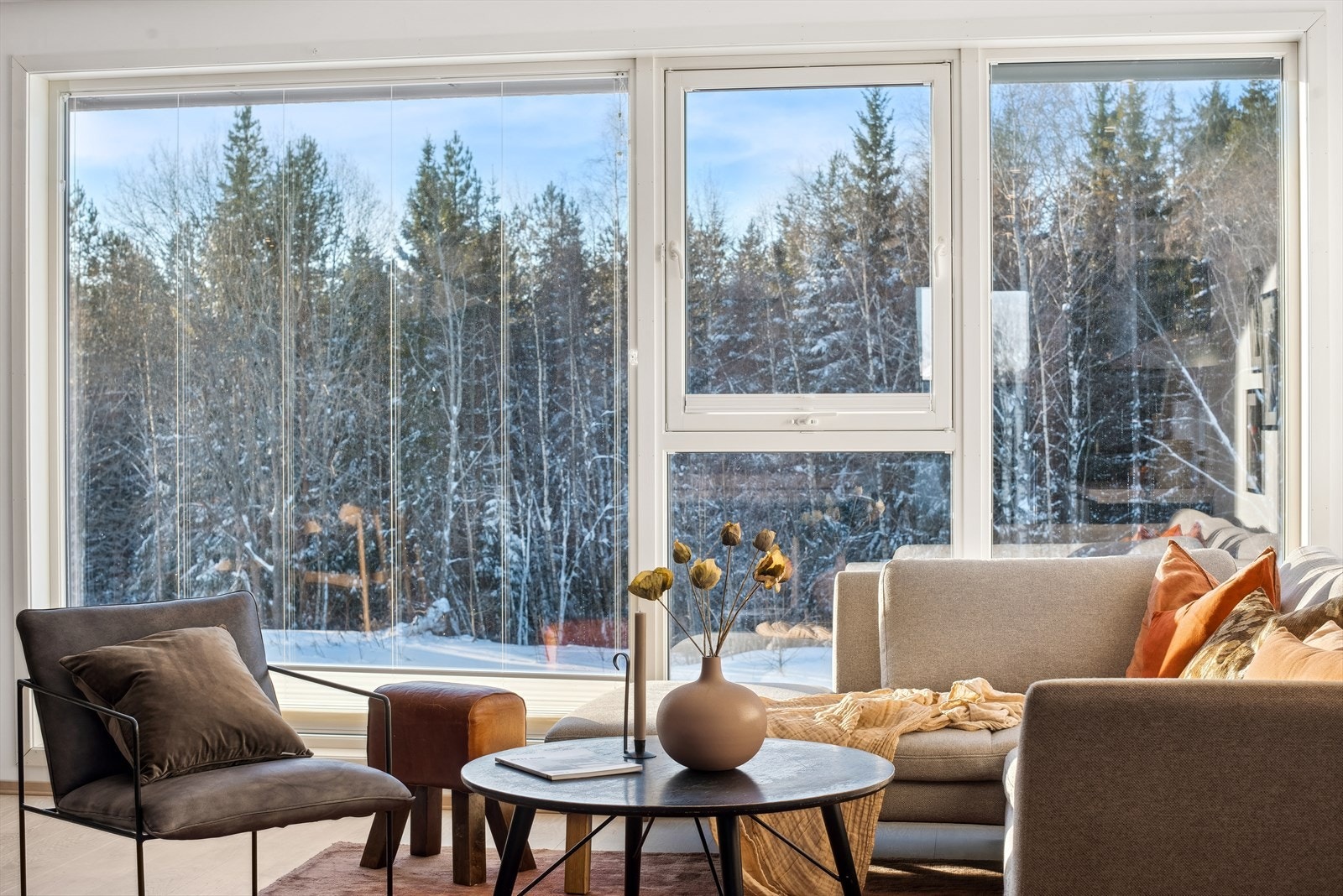 Generøse vinduer i stuen med utvendige screens Galleribilde