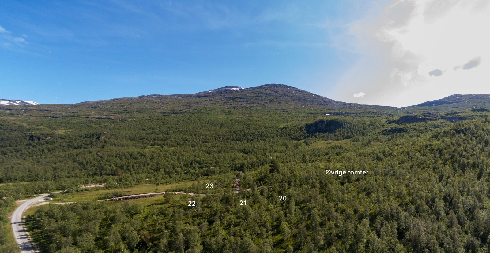 Mot øst opp mot de øverst plasserte tomtene. Tomter merket med nummer har pt. tilgang til vei Galleribilde