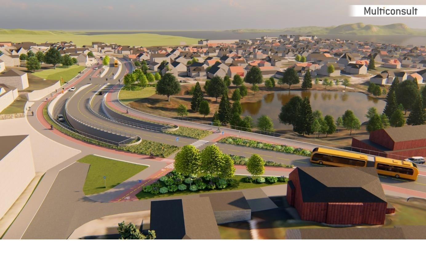 Illustrasjon Bussveien: Kun buss, syklende og fotgjengere på gateplan. Annen trafikk i tunnel Galleribilde