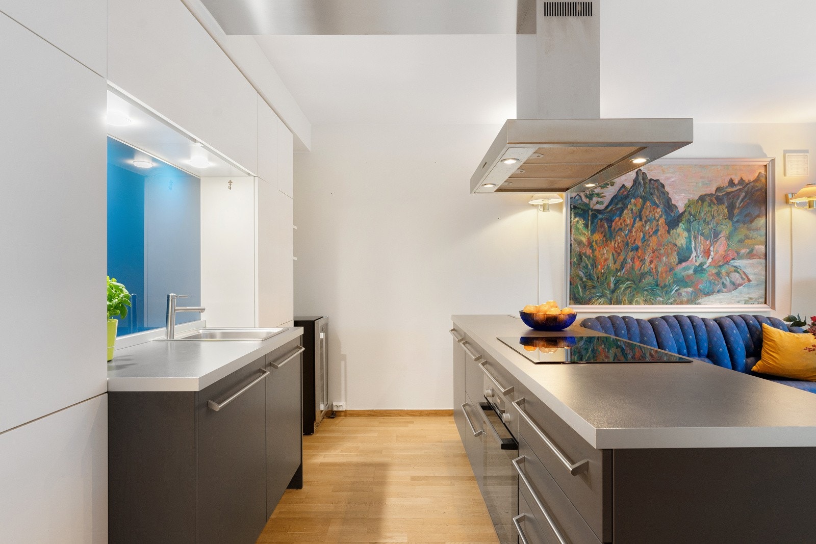 Integrerte hvitevarer som induksjonstopp, stekeovn og oppvaskmaskin. Galleribilde