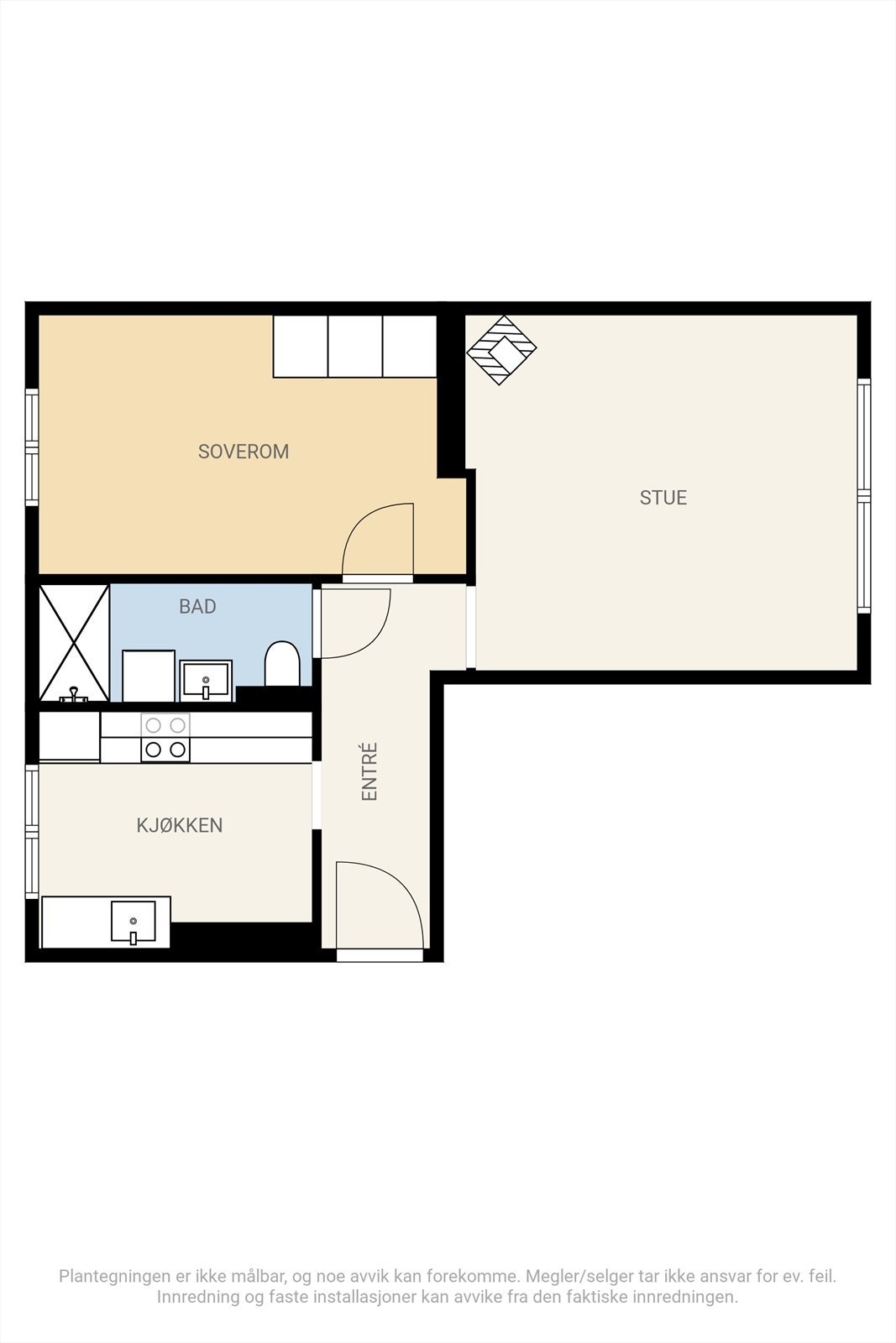 Leiligheten har en flott planløsning hvor hver sone har god plass. Om ønskelig kan leiligheten gjøres om til en 3-roms ved å flytte kjøkkenet ut til stuen for å skape et ekstra soverom. Galleribilde