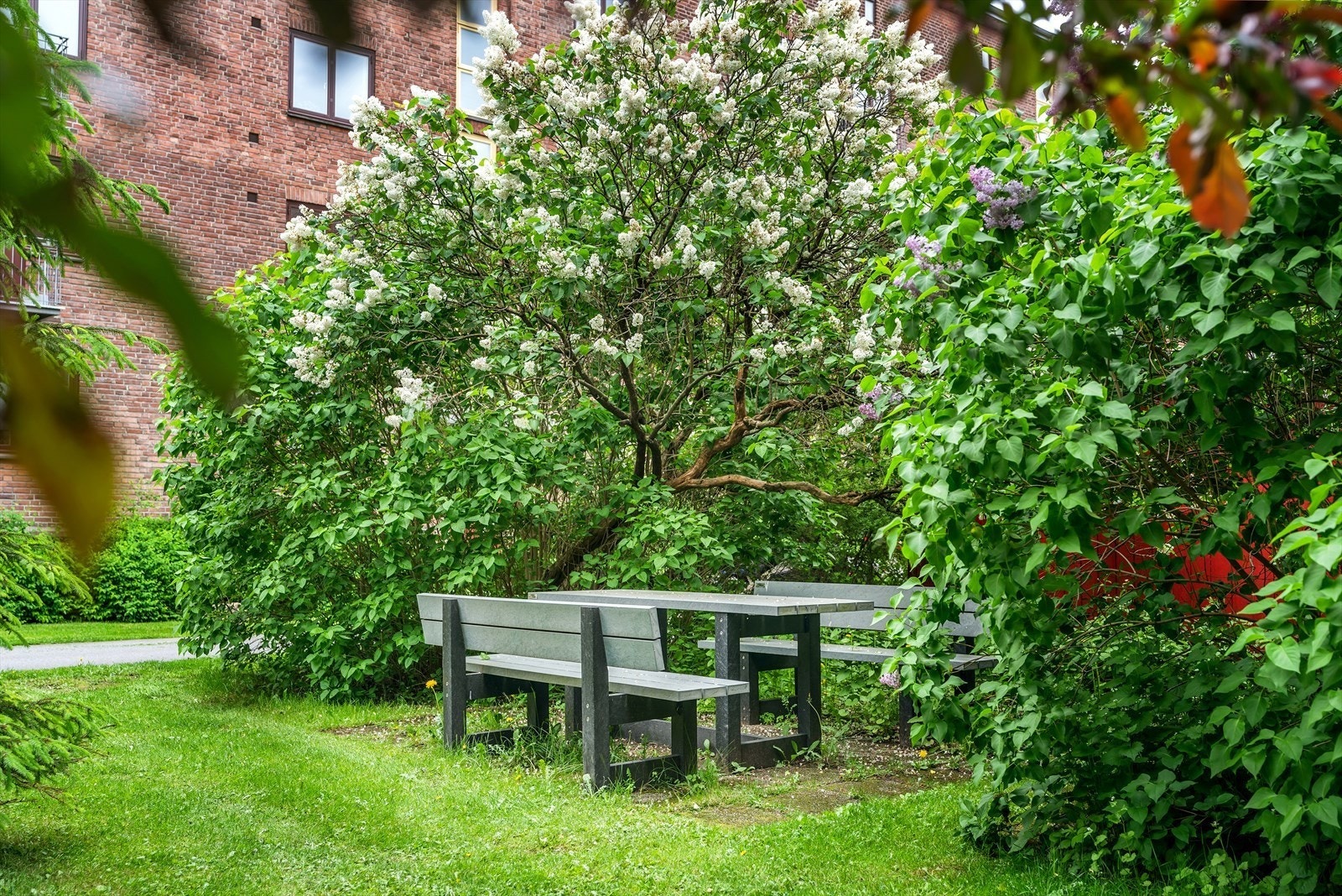 Bakgården har flere koselige soner hvor man kan nyte sommeren. Galleribilde