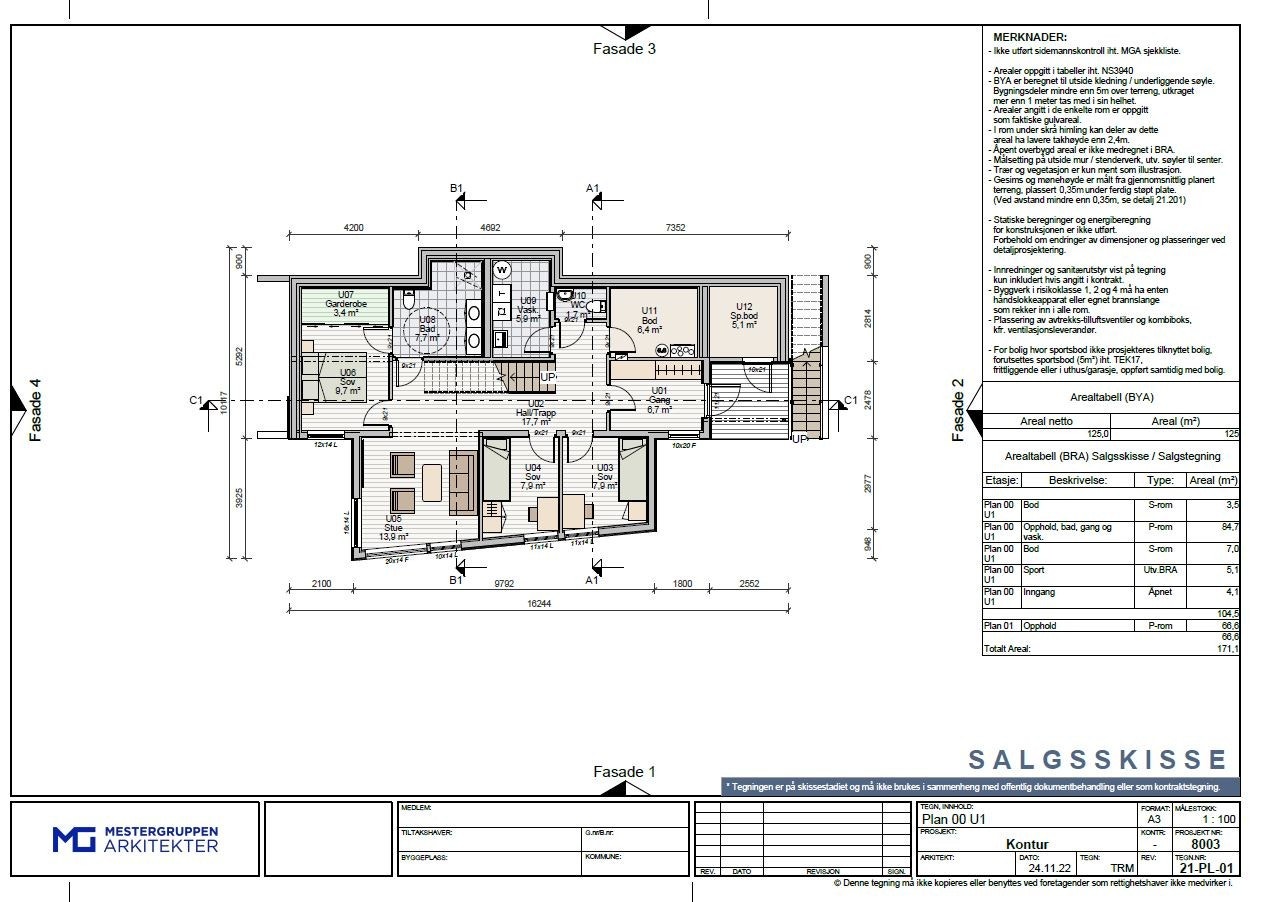 Plantegning 1. etg. Her er alle soverommene plassert i samme etasje sammen med badet. Galleribilde
