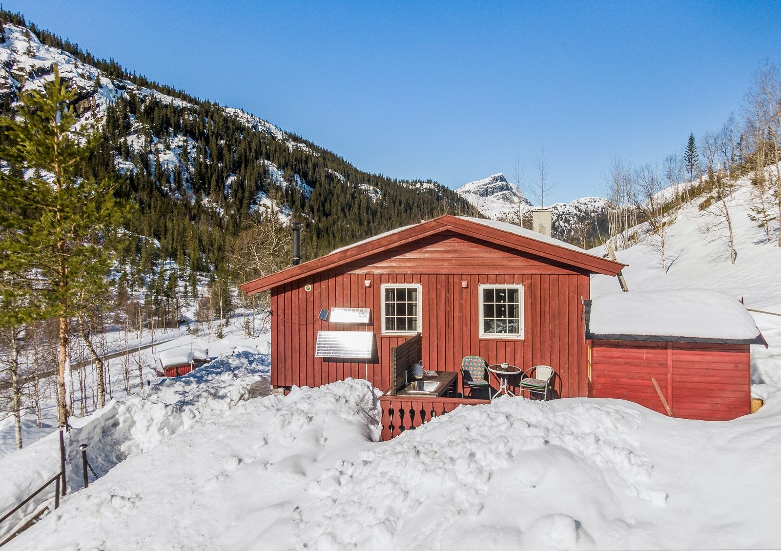 Det er ikke innlagt vann og avløp til hytta, men det hentes vann fra bekk i nærområdet. Gråvann er lagt til terreng. Galleribilde