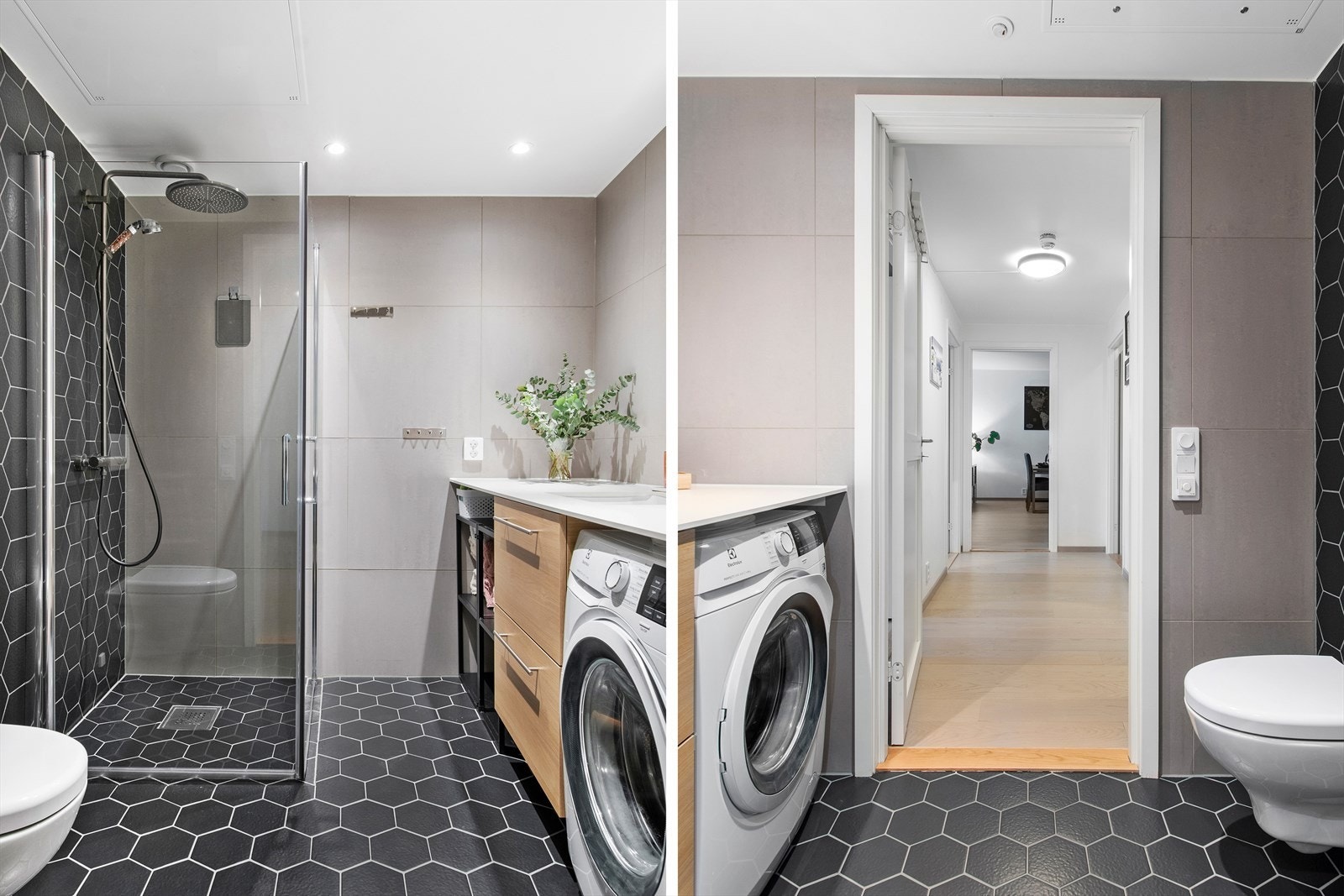 Badet er utstyrt med veggmontert wc, innsvingbare dusjdører, servant med ettgreps blandebatteri og plass vaskemaskin Galleribilde