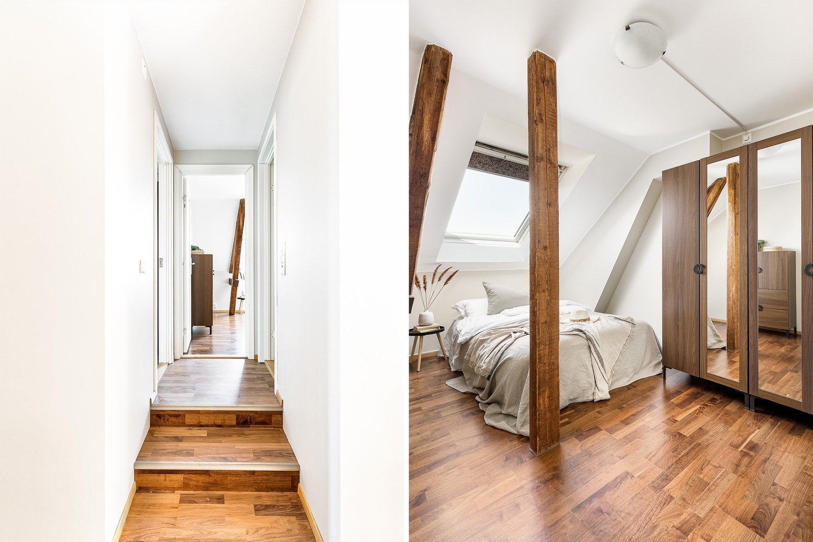 Badet og to av soverommene, deriblant hovedsoverommet, er samlet i praktisk nærhet omkring en felles mellomgang. Galleribilde