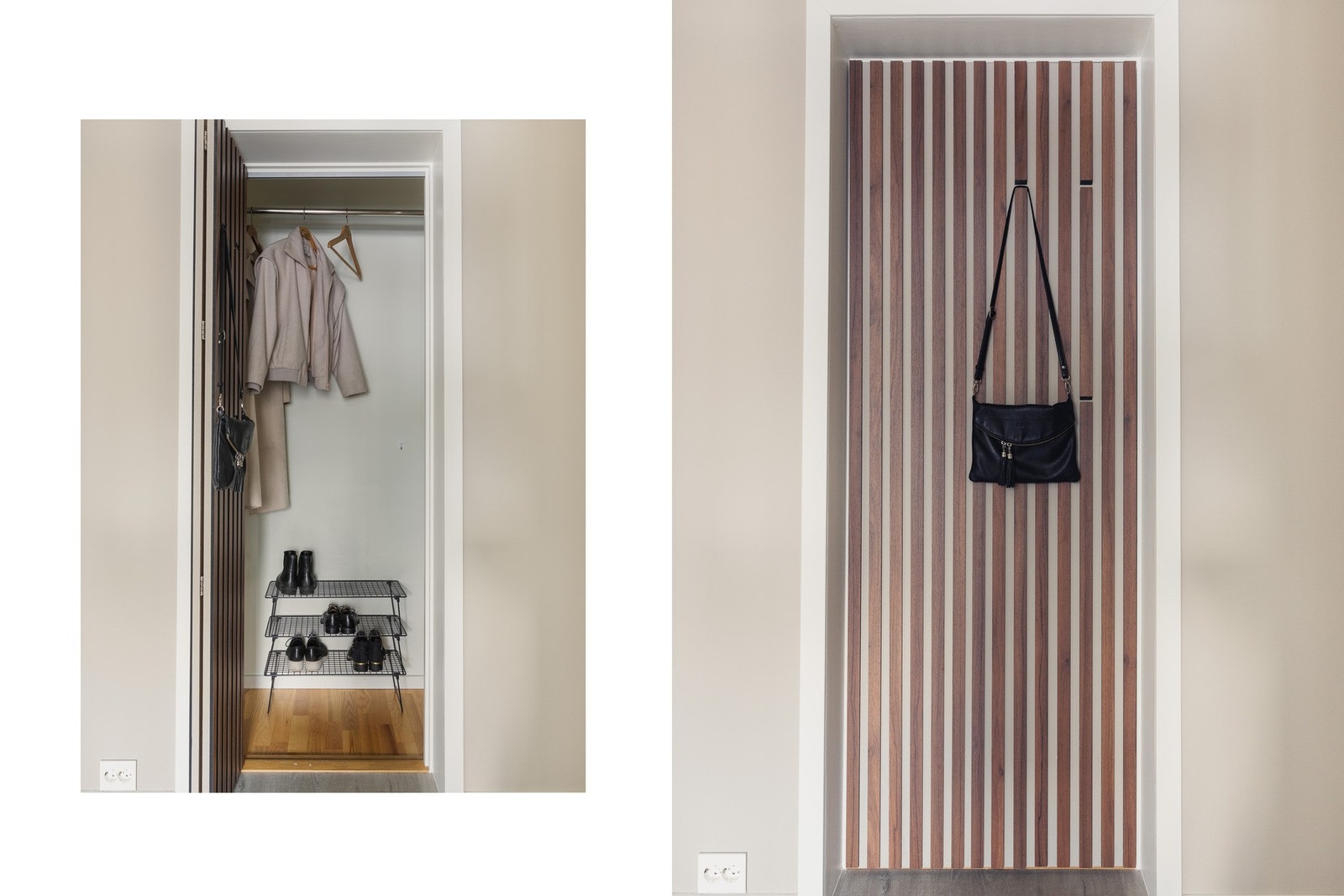 Skjult walk-in-closet bak spesiallaget spilevegg-dør. Galleribilde