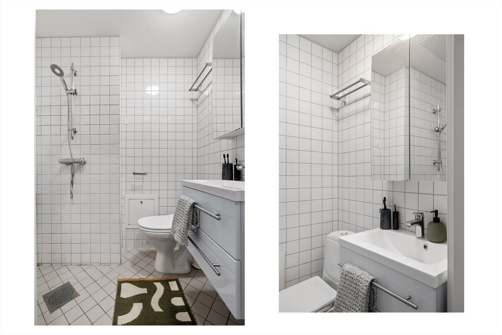 Baderomsinnredningen består av vegghengt servantskap med skuffer samt ovenpåliggende servant, i tillegg til et speilskap. Videre er det gulvstående toalett og dusjhjørne Galleribilde