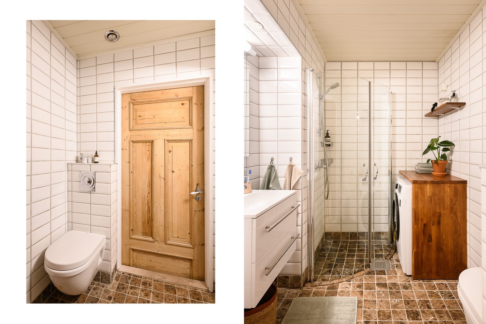 Praktisk baderom med lyse fliser. Galleribilde