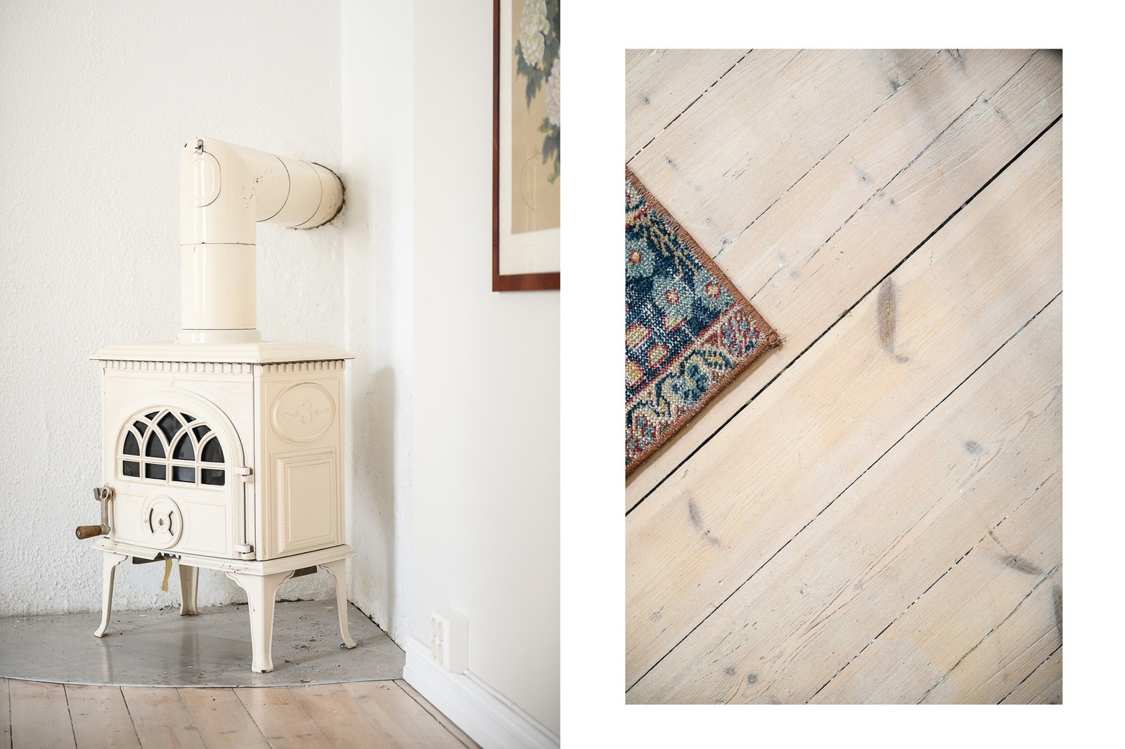 Originalt gulv og dekorativ peisovn. Galleribilde