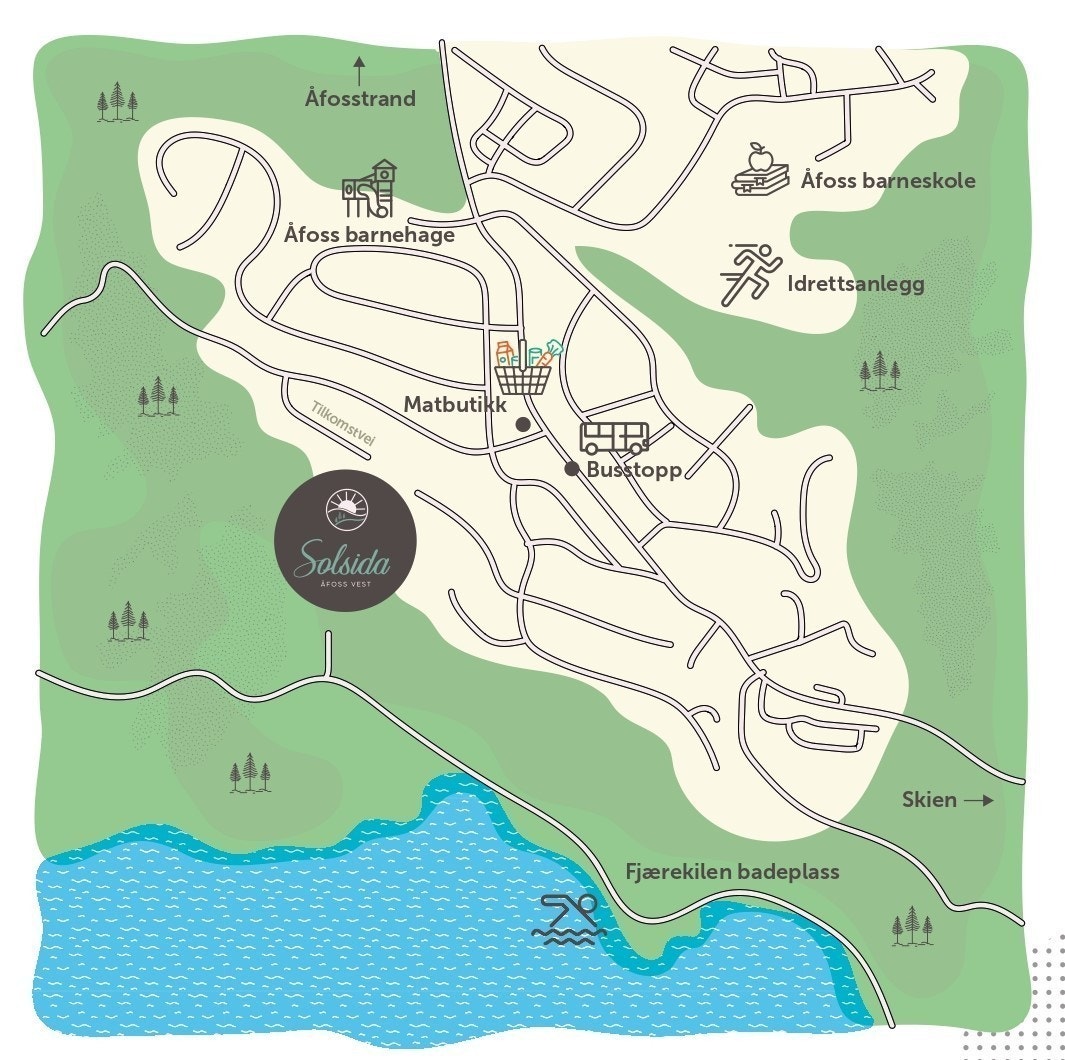 Feltet har kort avstand til buss, matbutikk, barnehage, skole og badeplass. Galleribilde