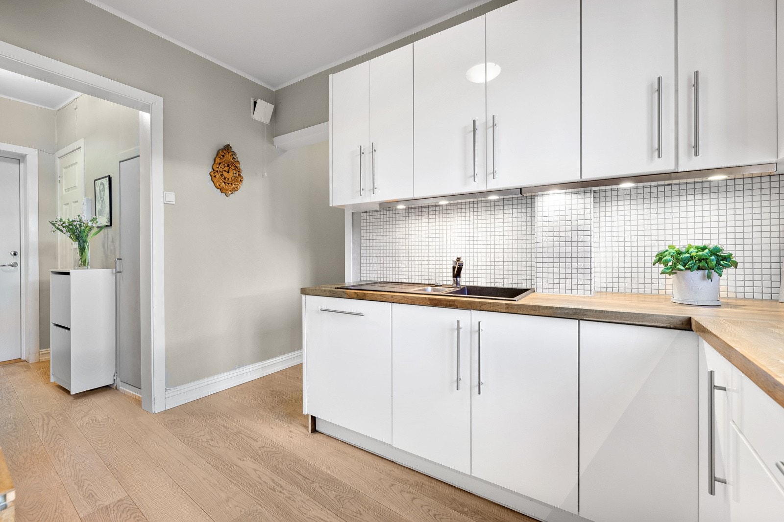 Hvitevarene består av platetopp, komfyr og oppvaskmaskin. Ventilator (med avtrekk ut) over kokesone og nedfelt oppvaskkum i stål. Galleribilde
