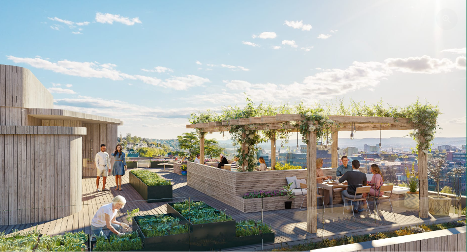 Bilde ihht. prospekt fra utbygger: I Fyrstikkbakken 14 er det en takterrasse med panoramautsikt over hele Oslo. Galleribilde