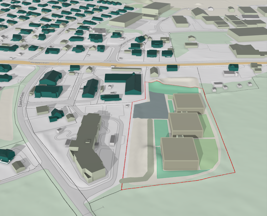Ryggeveien - 7000 BTA fra sydvest. Visualisering av bygningsvolum innenfor utnyttelsesgraden på eiendommen, BTA 7040 Galleribilde