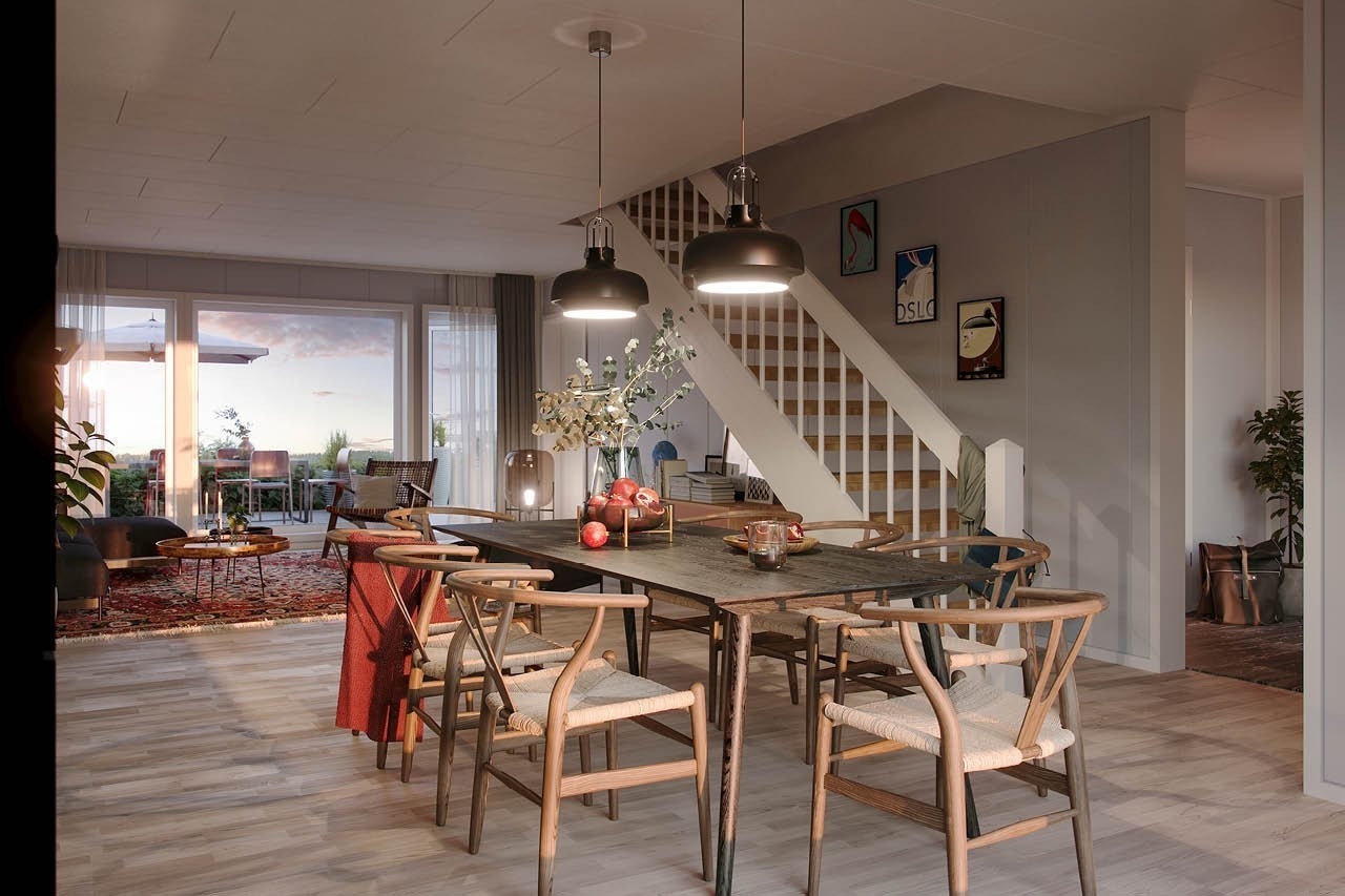 God plass til spiseplass, utgang til hage-del fra kjøkken Galleribilde