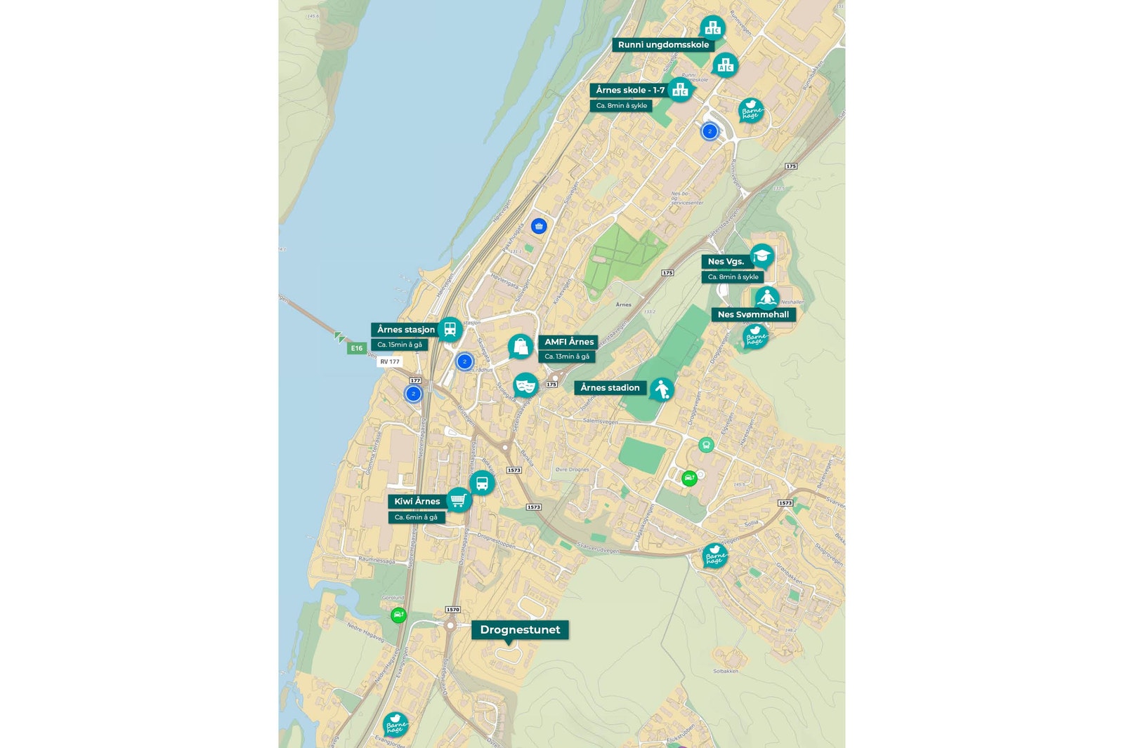 Kart over nærområdet. Kun 12min å gå til Årnes sentrum Galleribilde