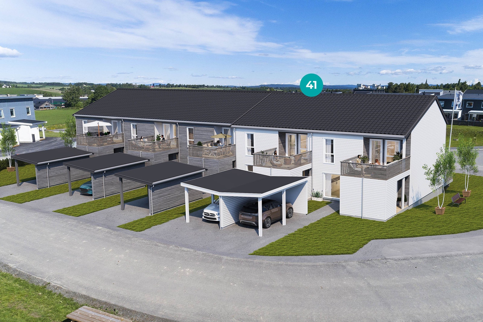 5 rekkehus med overbygd inngangsparti med tilgang til sportsbod, noe hage, 2 balkonger og carport. Illustrasjon Galleribilde