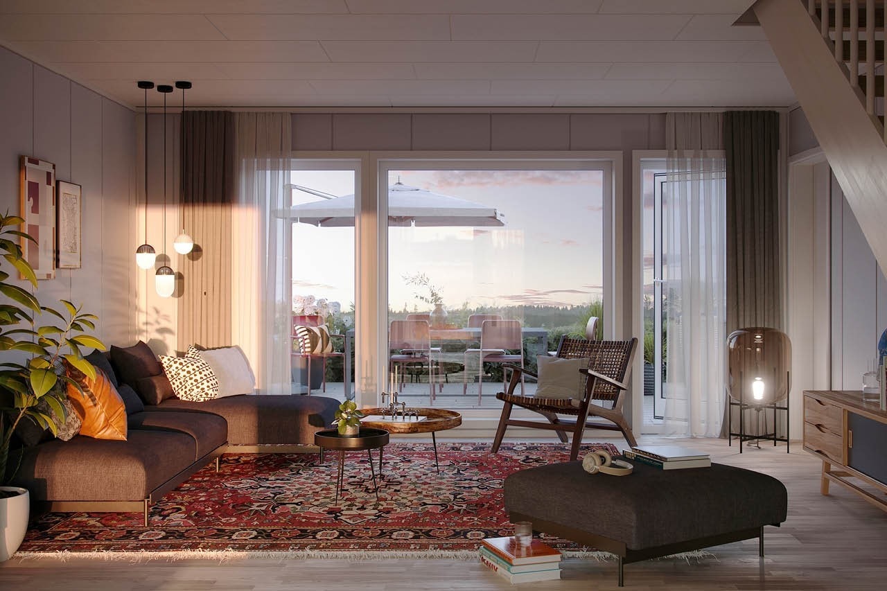 Stue med store vindusflater og gjennomgående lys. Galleribilde