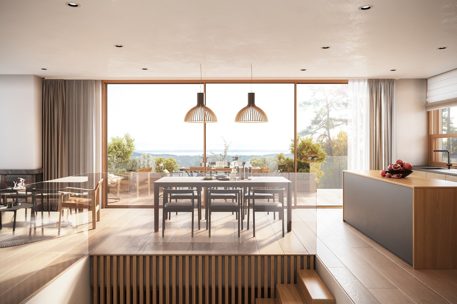 De store vinduene inviterer utsikten inn i huset. Overflater og innredninger har moderne og god standard. Galleribilde