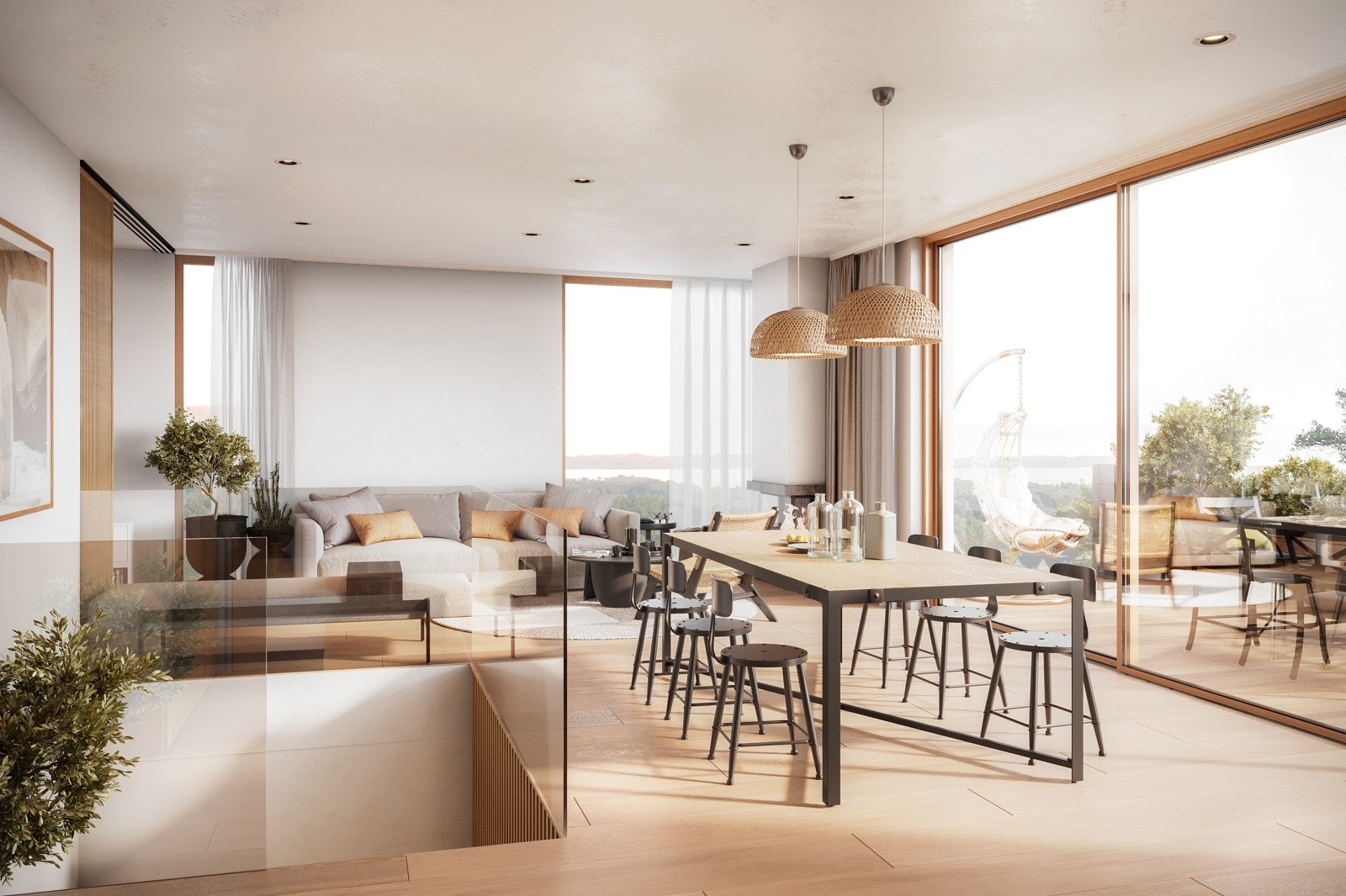 I alle tørre rom leveres 1- stavs eikeparkett natursortering, valgfritt i matt lakket eller hvitpigmentert. Galleribilde