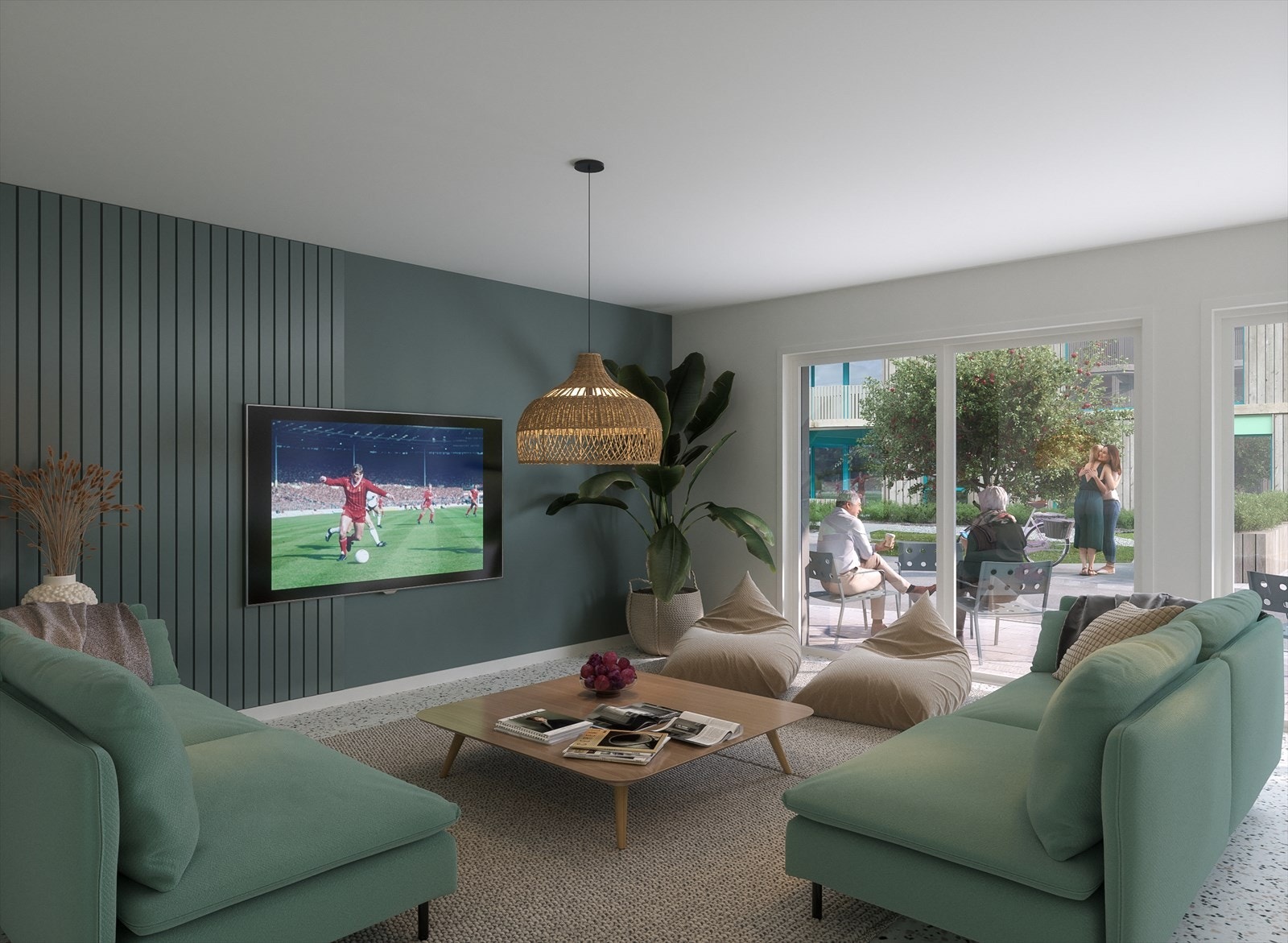 Med Heime på laget, er det fokus på felleskap og trivsel. Fellesarealer som fellesstue, selskapslokale og møteplasser i den grønne hagen, kan du og dine naboer skape en relasjon. Galleribilde