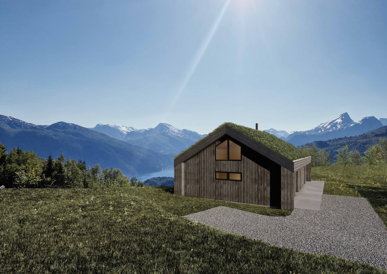 Utsikt fra stue etter oppføring av planlagt hytte på nabotomt. Galleribilde