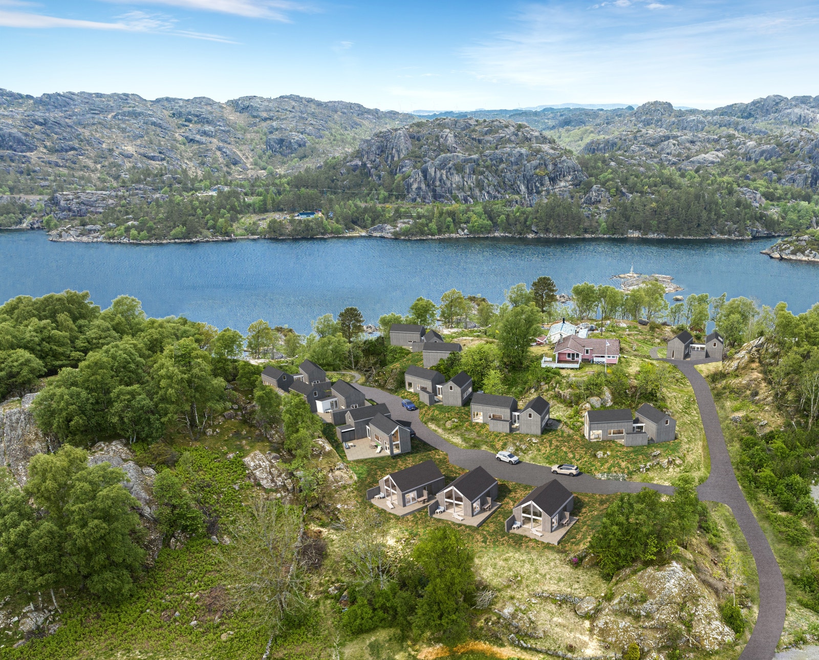 Området har en unik beliggenhet, og hver enket hytte hytte glir fint inn i terrenget. Galleribilde