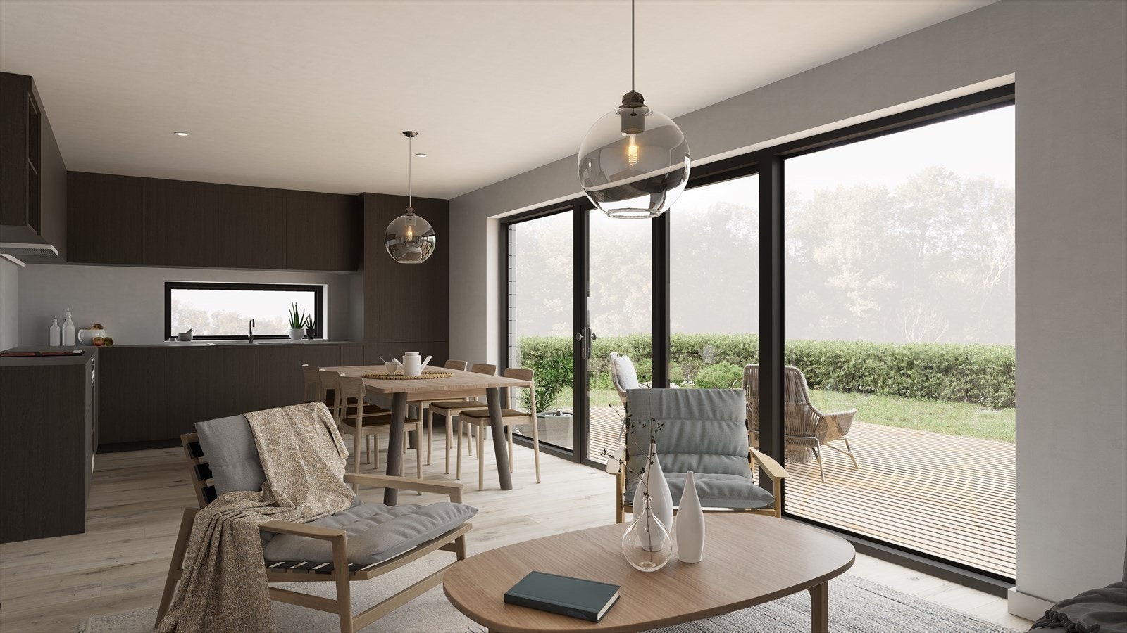 Kjøkken og stue i en moderne åpen planløsning (bildet er en illustrasjon, og avvik kan forekomme). Galleribilde