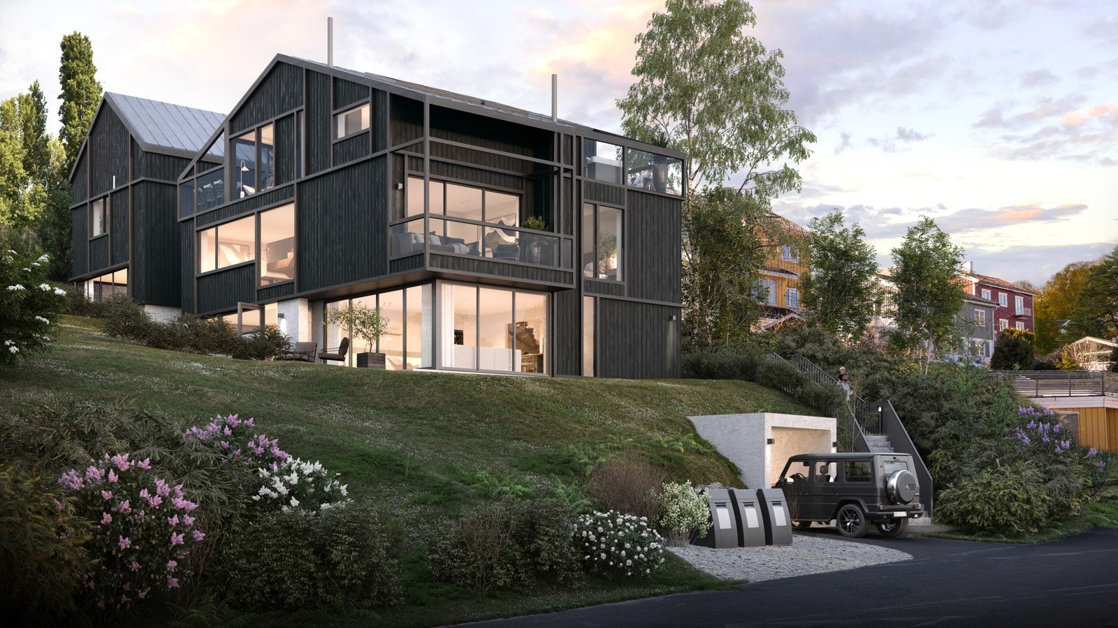 Røahagan 18 - adkomst fra Røahagan. 3 flotte arkitekttegnede familieboliger. Illustrasjon - avvik vil forekomme. Galleribilde