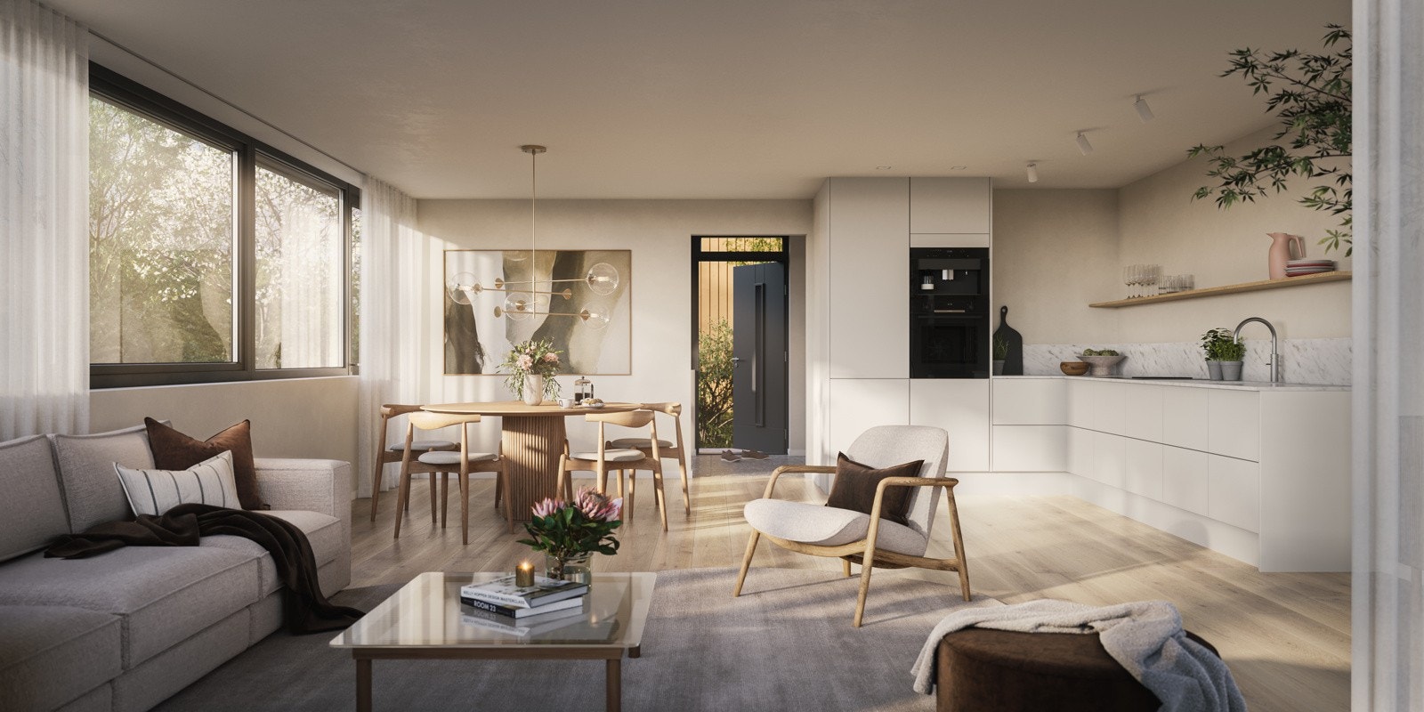 Røahagan-18 - Interiør kjøkken spisestue i eneboligen (hus 3). Illustrasjon - avvik vil forekomme. Galleribilde