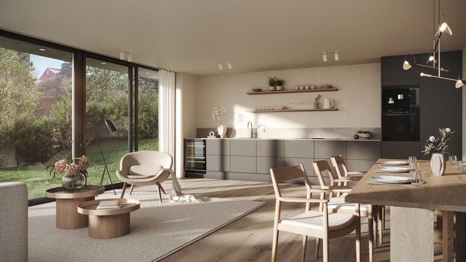 Røahagan-18 - Interiør stue og kjøkken i tomannsbolig (hus 1). Illustrasjon - avvik vil forekomme. Galleribilde