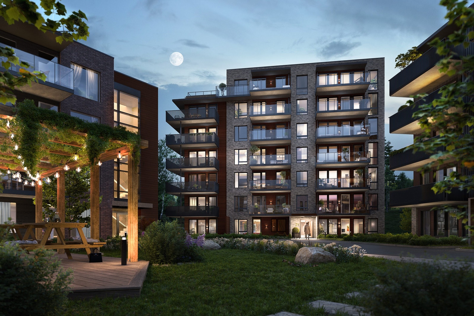 Hjørnebalkonger og gulv til tak vinduer Galleribilde