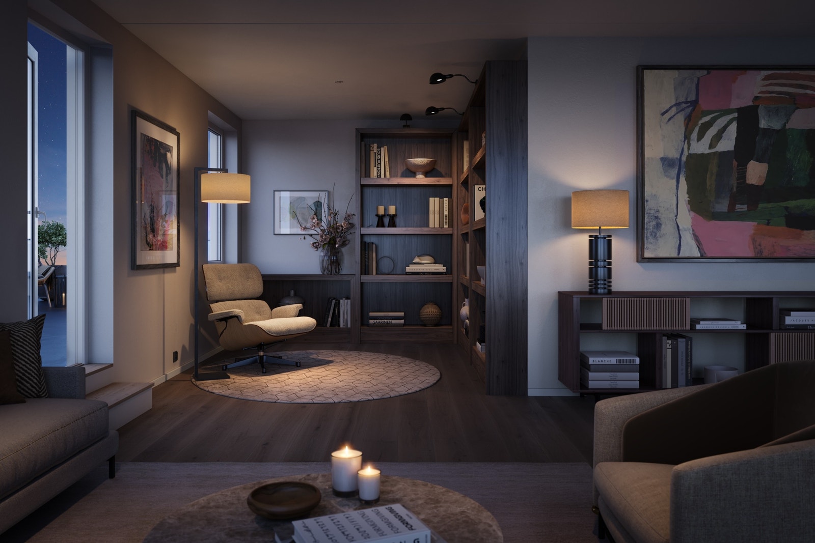 Fireroms med fravalgsvegg for et eventuelt bibliotek? Galleribilde