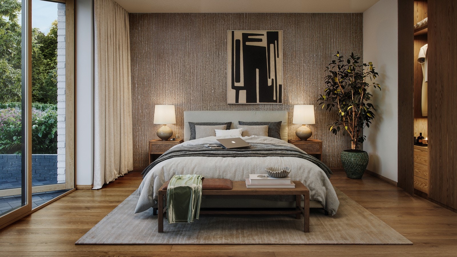 I tillegg til det praktiske har interiørarkitektene gjort sitt for at sansene skal få sitt og helhetsinntrykket skal bidra til økt trivsel. Flisene på baderommene er i form og farge nøye avstemt med møblement og armaturer. Kjøkkenet i høy kvalitet har kom Galleribilde