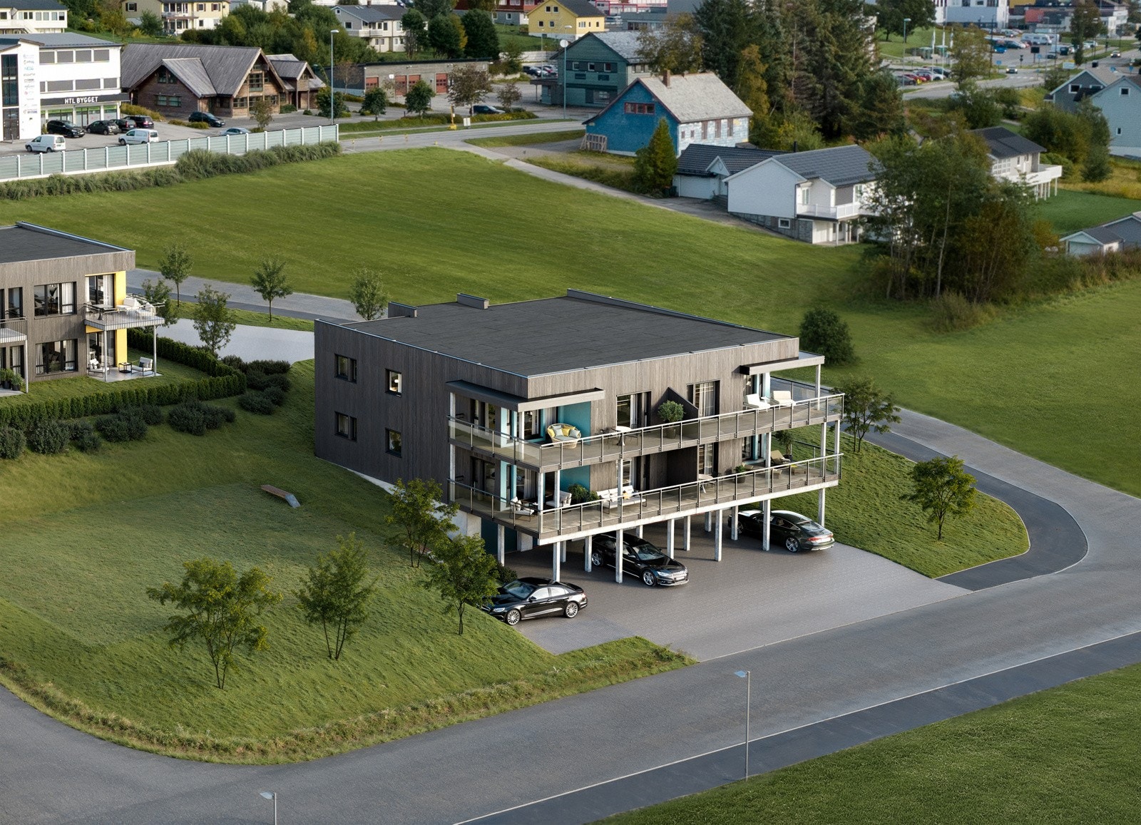 Illustrasjon av 4-mannsbolig med heis og garasje. Avvik vil forekomme. Galleribilde