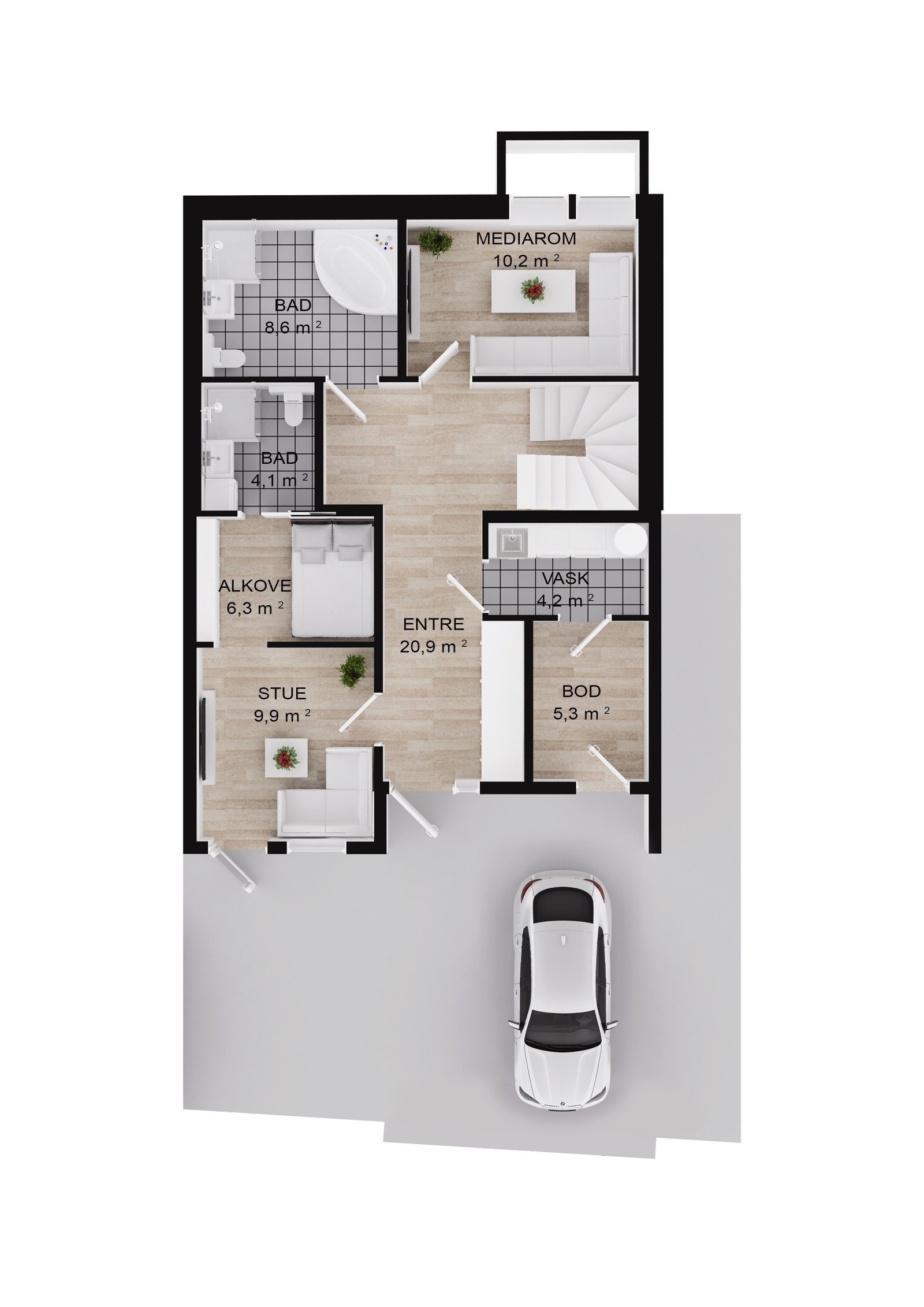 Plantegning U.etasje. Se Hybel løsning med stue/alkove/bad. Kan også benyttes som alminnelig oppholdsrom om hybel/utleie ikke ønskes. Galleribilde