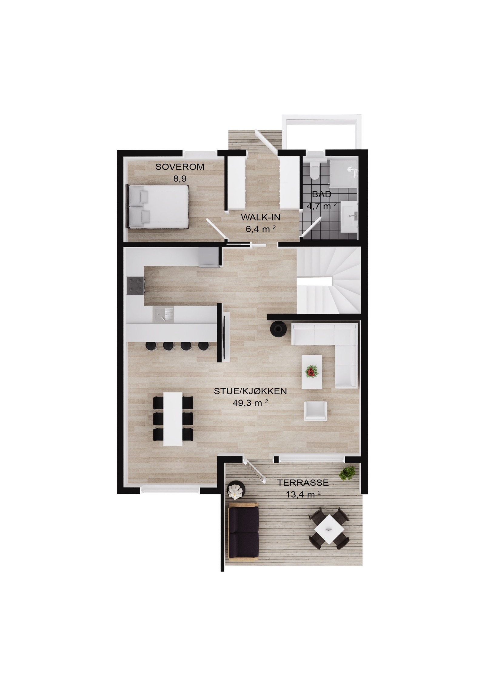 Plantegning 2 etasje. Legg merke til walk-in garderobe og bad til hovedsoverom! Galleribilde