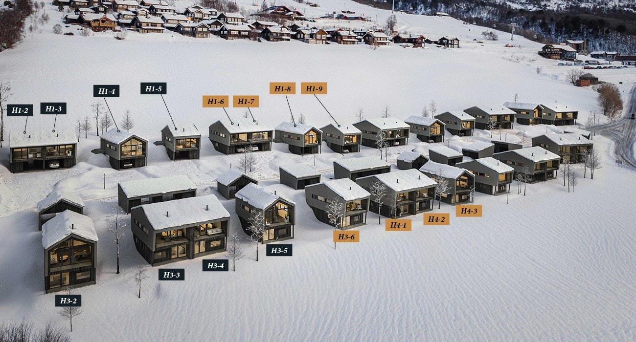 Hyttene har ski-in ski-out beliggenhet i Vangslia, ca. 3 km vest for Oppdal sentrum med alle servicefasiliteter Galleribilde