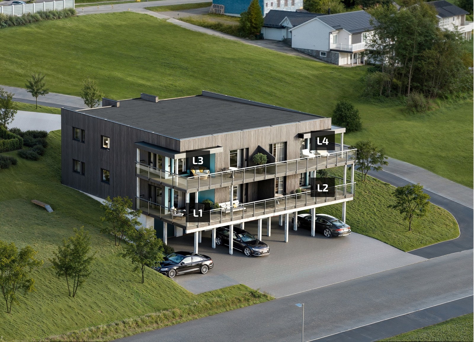 Illustrasjon av 4-mannsbolig med heis og garasje med leilighetsbenevnelse. Avvik vil forekomme. Galleribilde