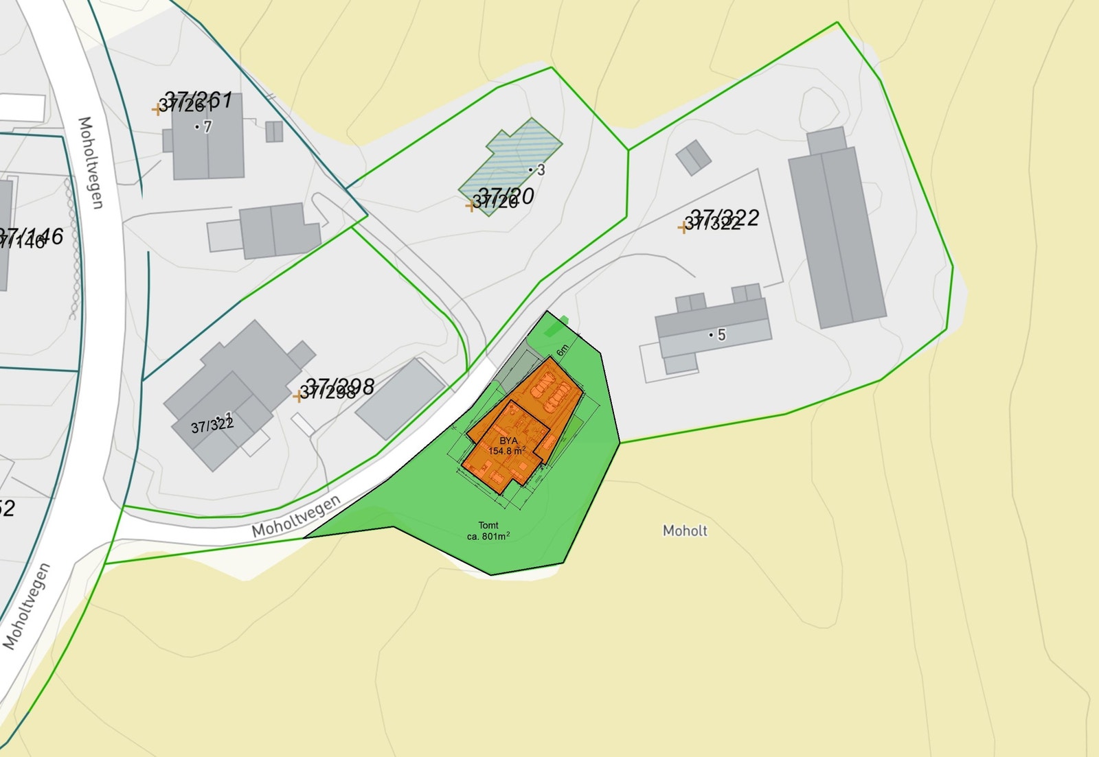 Situasjonskart som vises tomt og mulig plassering av hus. Galleribilde