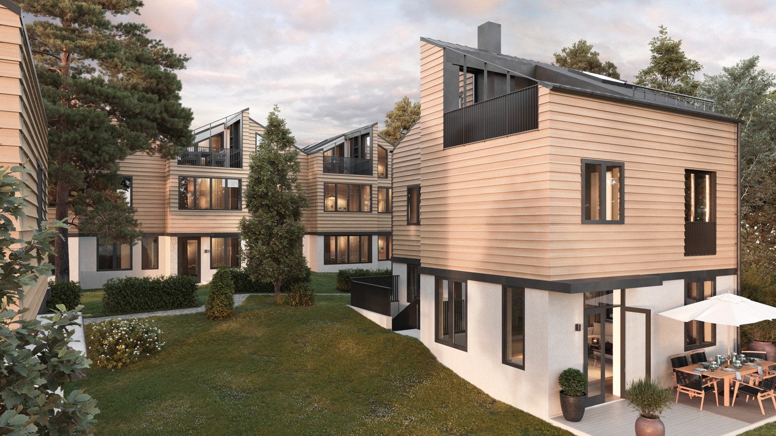 Prosjektet er tegnet av WOOD arkitektur + design og består av tre rekkehus og to eneboliger. Galleribilde