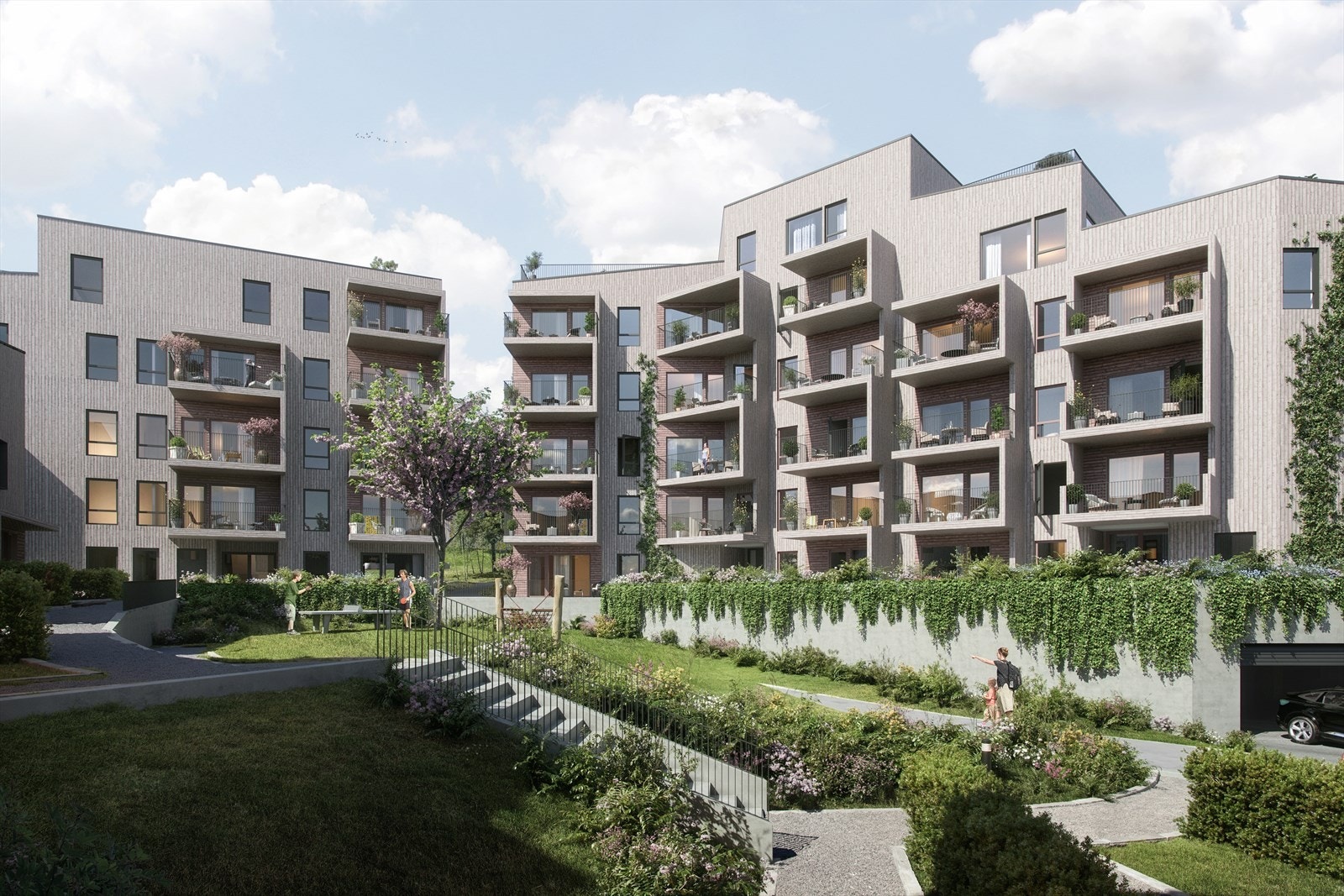 Sydvendt fasade inn mot hyggelig gårdstun. Nær sagt alle boligene får fine solforhold på dagtid og gjennom store deler av året. Galleribilde