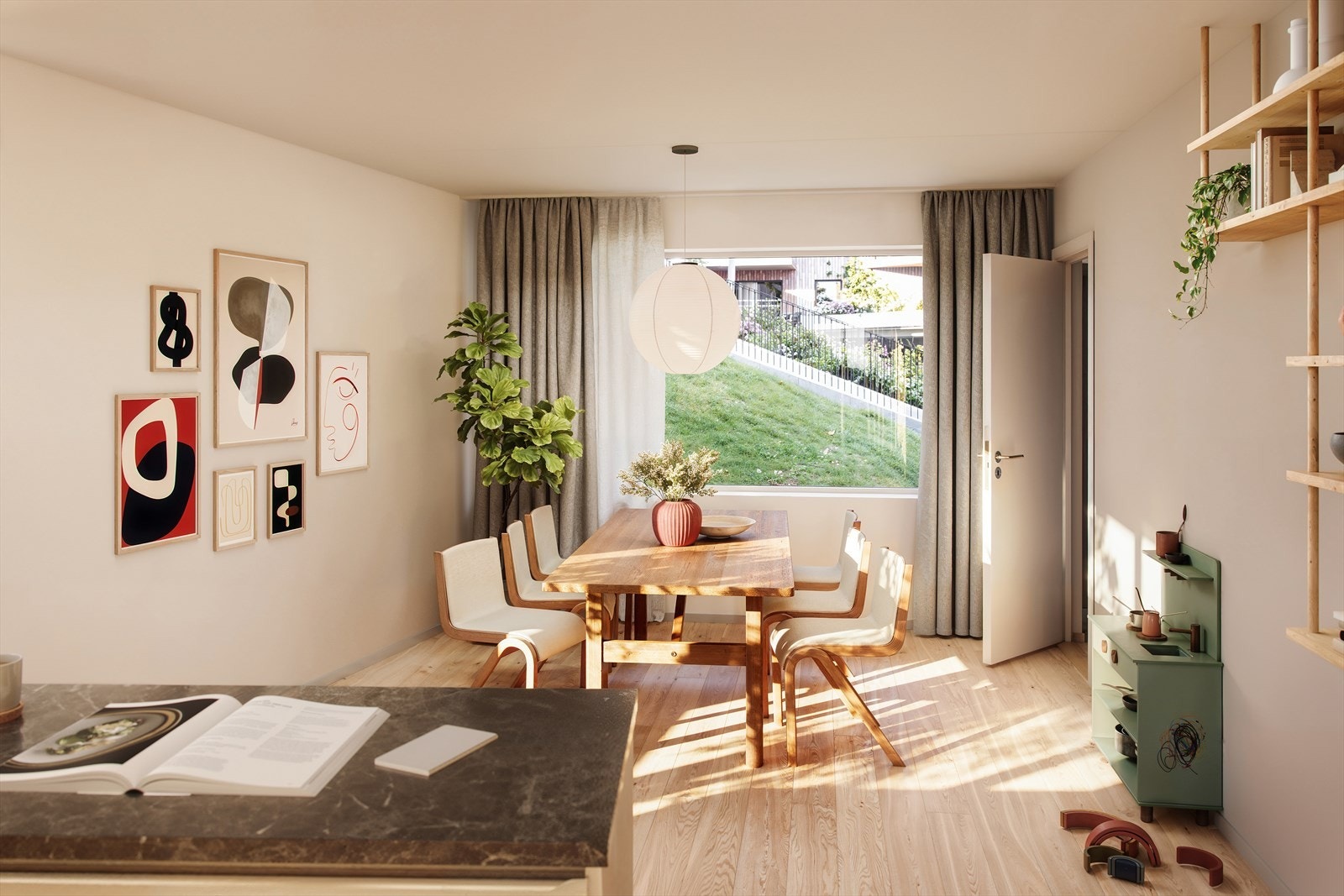 I første plan finner du et hyggelig kjøkken med god spiseplass. Galleribilde