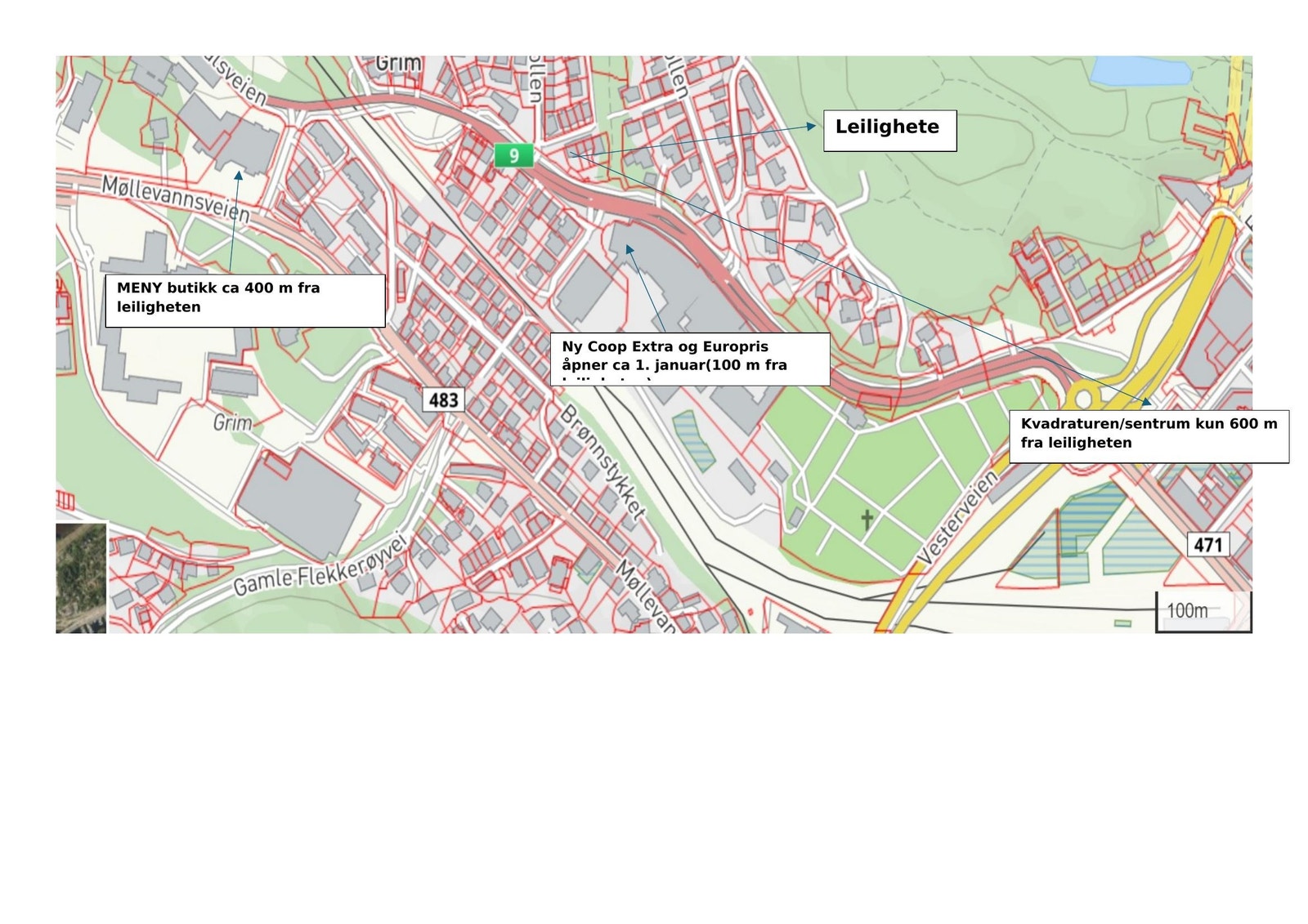Leiligheten ligger meget sentralt i forhold til det aller meste. Dvs sentrum, butikker, osv. Galleribilde