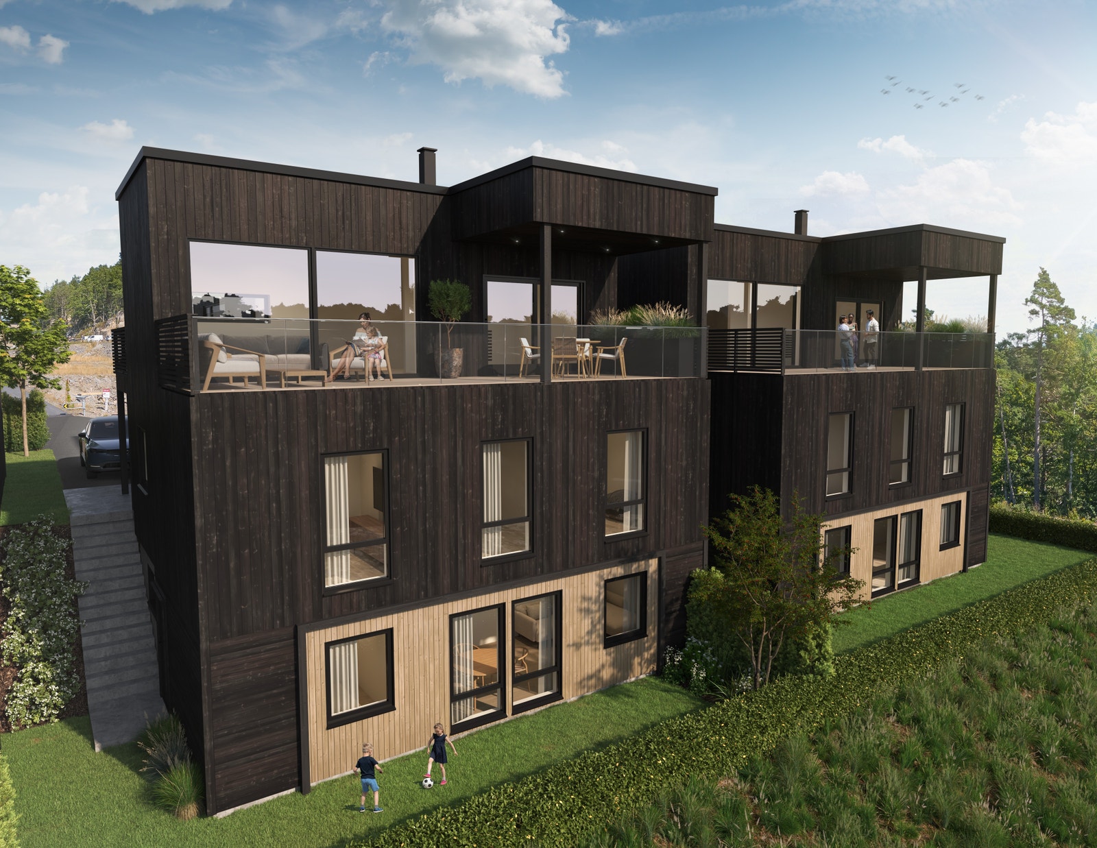 Innholdsrik bolig i tre etasjer med delvis overbygd takterrasse Galleribilde