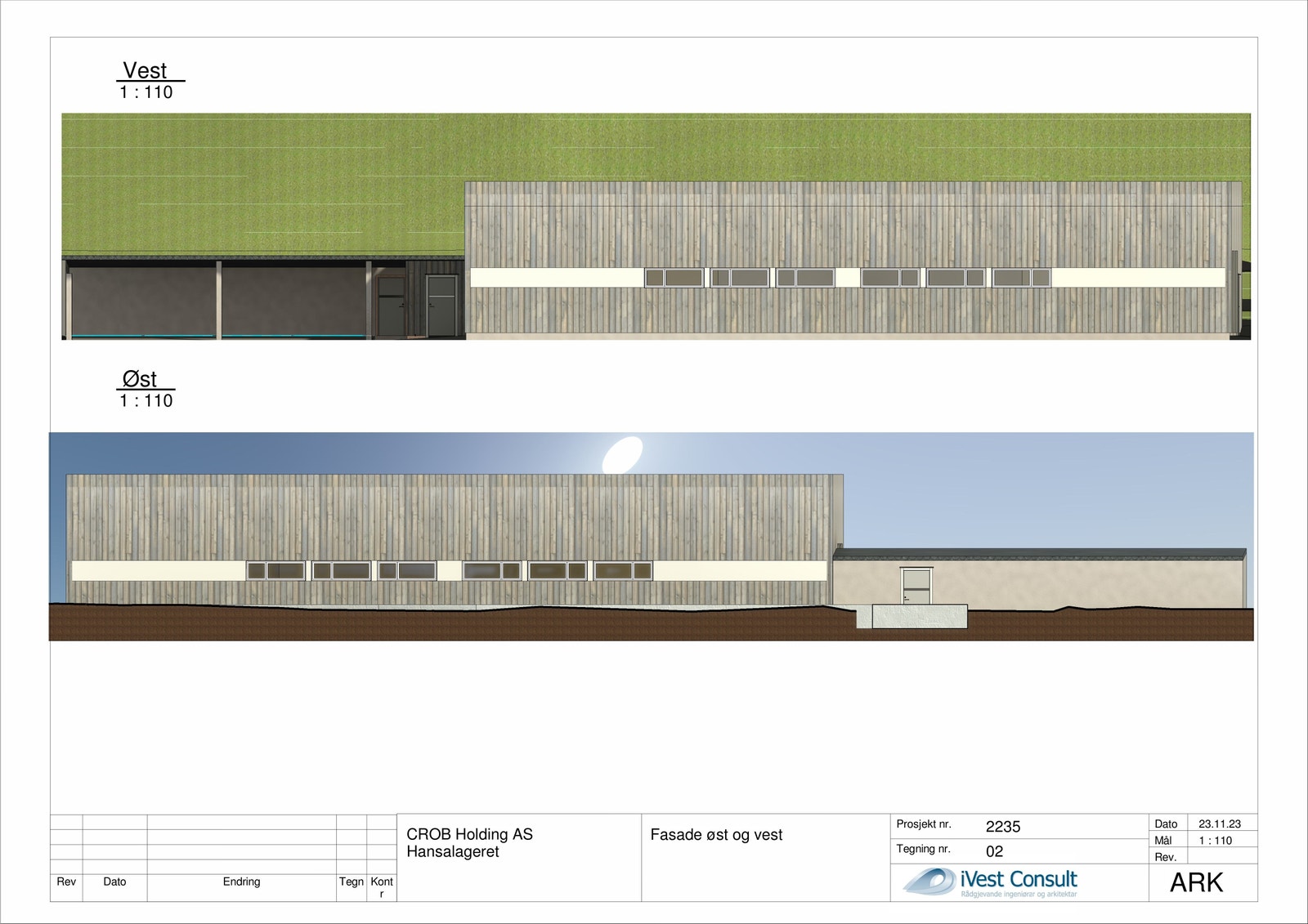 Fasade øst og vest - Skisseprosjekt nr 2: rehabilitert med 4 lagerseksjonar, samt 4 carportar og sanitærbygg. Galleribilde