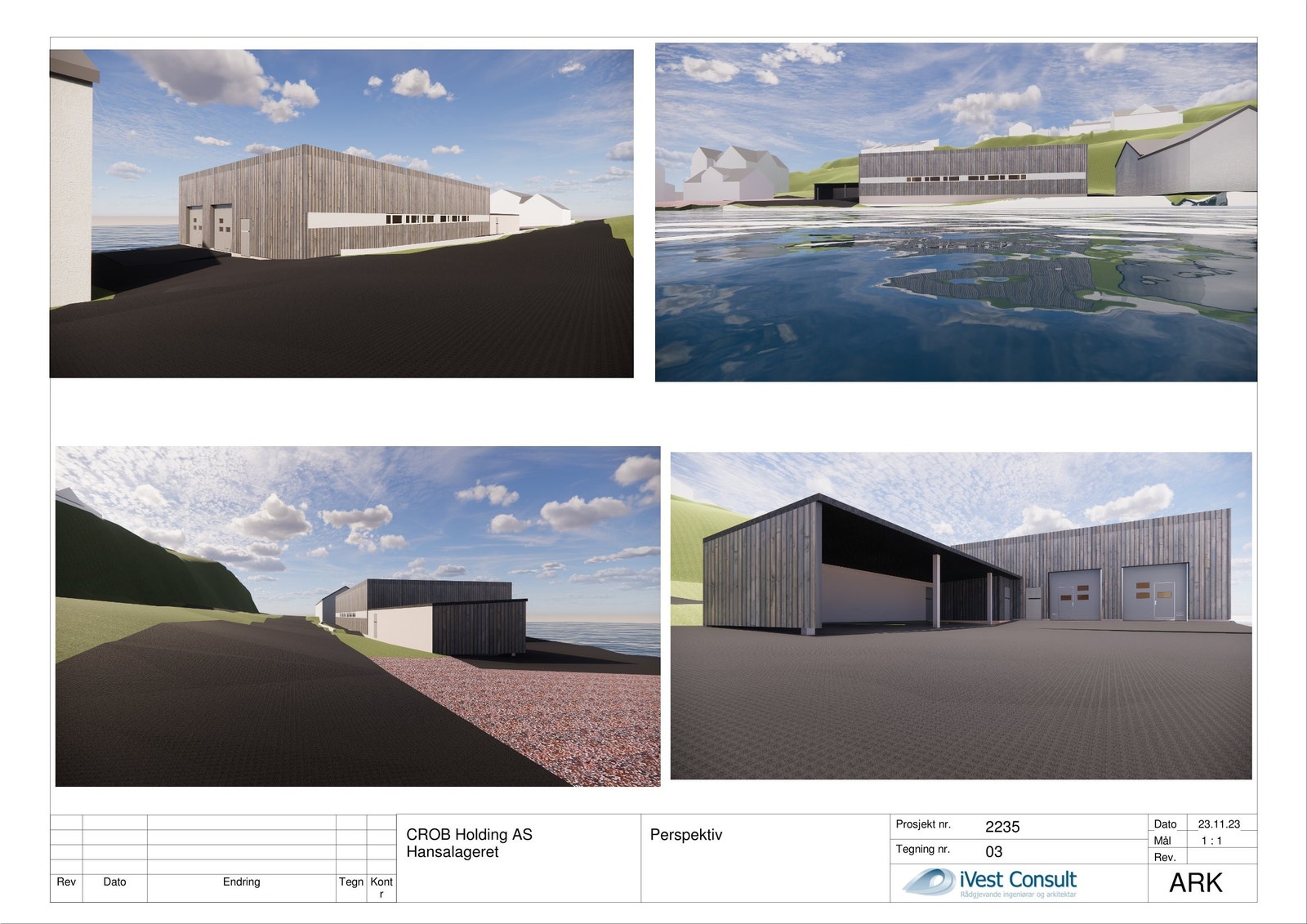 Perspektiv - Skisseprosjekt nr 2: rehabilitert med 4 lagerseksjonar, samt 4 carportar og sanitærbygg. Galleribilde