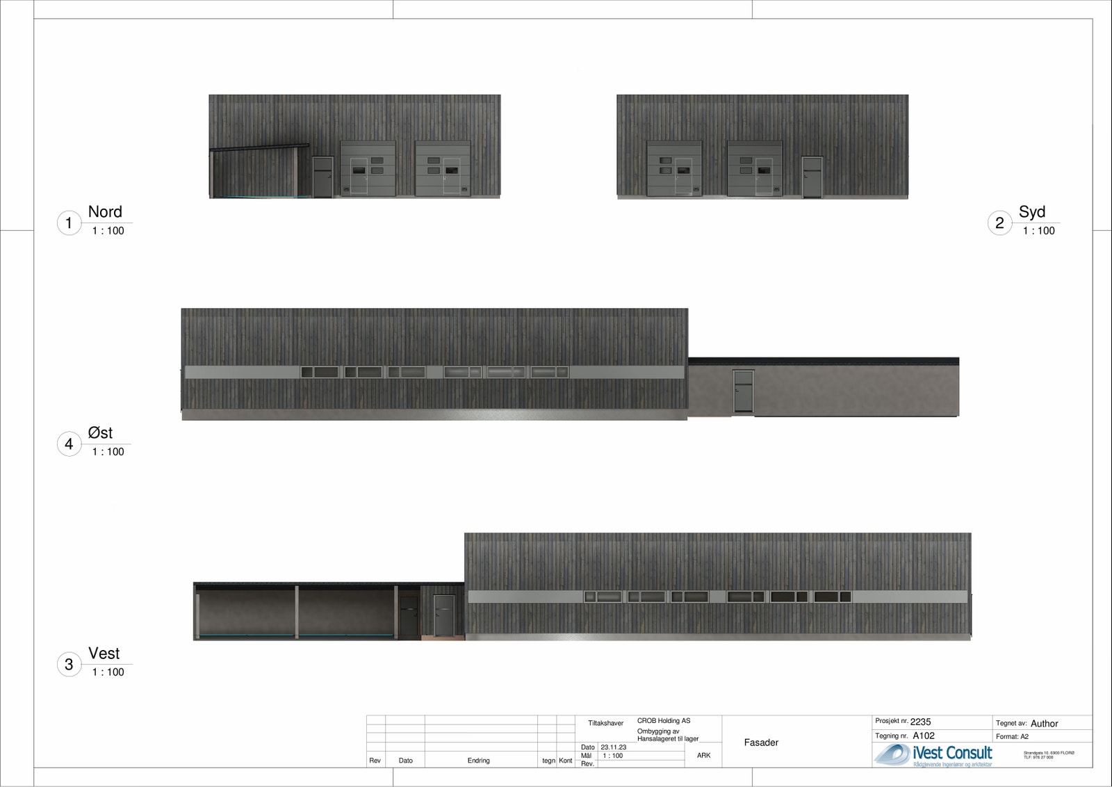 Fasader - Skisseprosjekt nr 2: rehabilitert med 4 lagerseksjonar, samt 4 carportar og sanitærbygg. Galleribilde